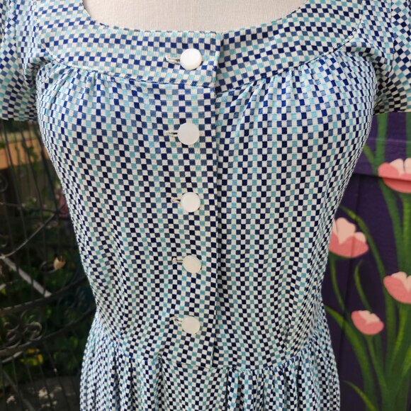 Mary Dress / Vintage 1950's Blue & White Checkered Nylon Midi Dress AS IS - Picture 7 of 17